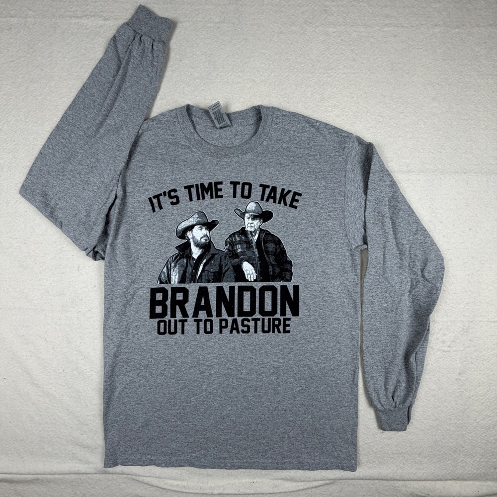 Gildan PrintedKicks Take Brandon Out To Pasture Long Sleeve Gray Shirt Mens M
